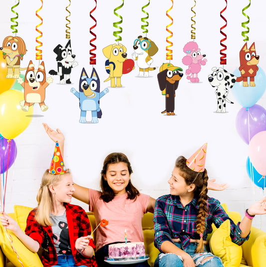 Bluey and Bingo Heeler family character swirls with cutout hanging from birthday party ceiling, 3D spiral decoration with characters floating at end – BluParty India