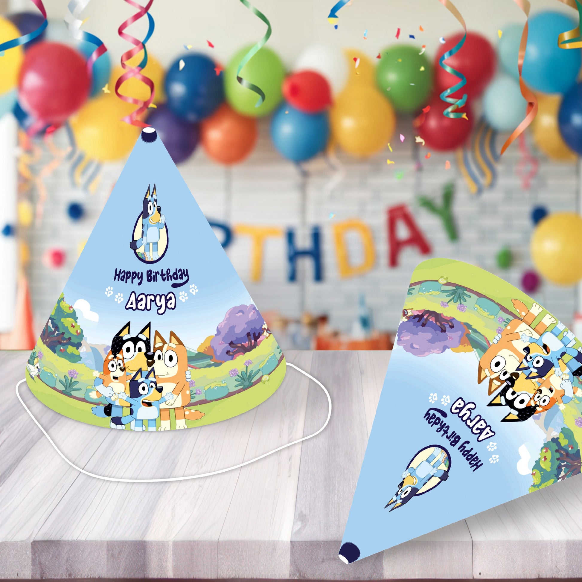 Kids wearing Bluey and Bingo cone party hats at birthday celebration India
