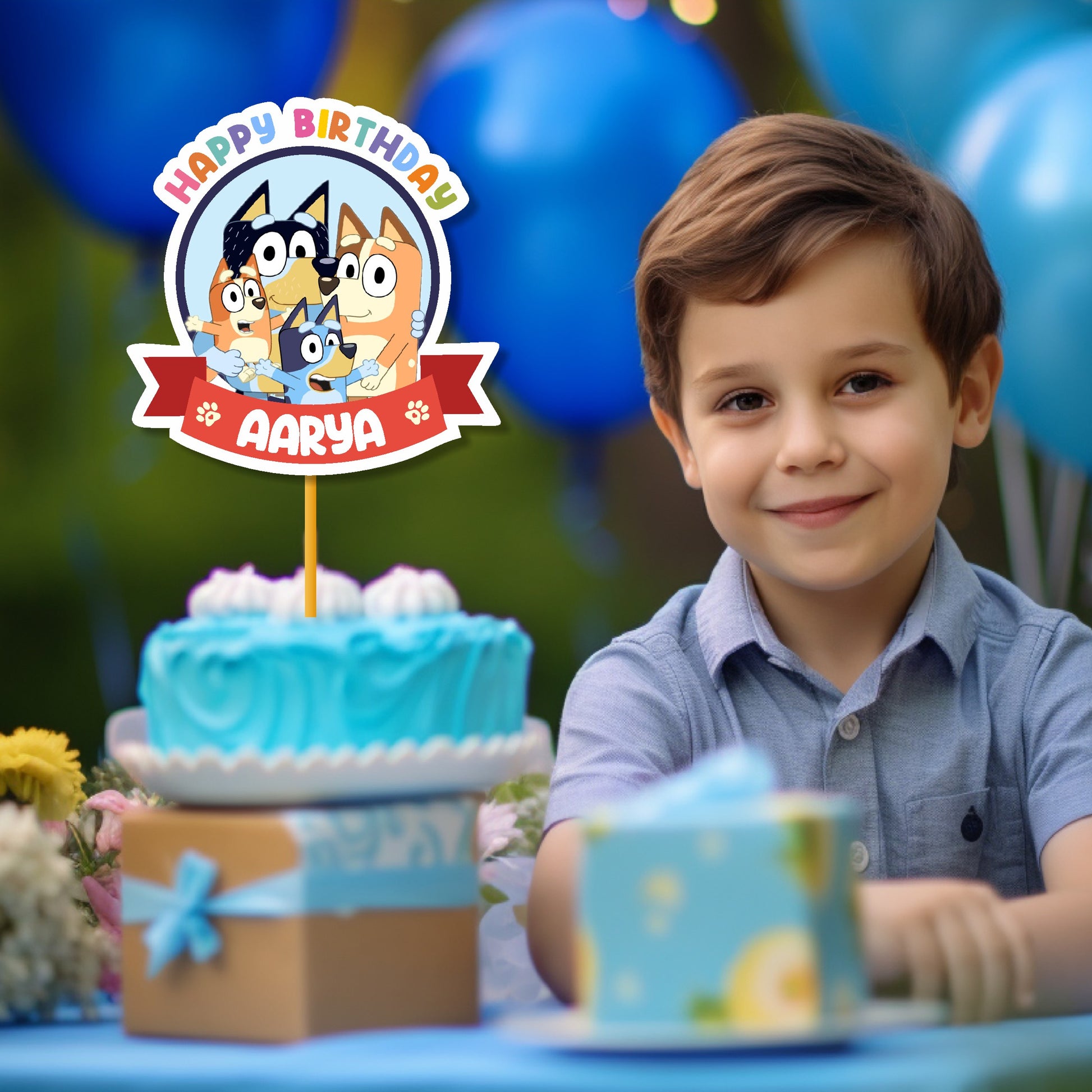 Custom Bluey and Bingo personalised cake topper placed on a kids birthday cake, Bluey birthday decoration with name and age – BluParty India