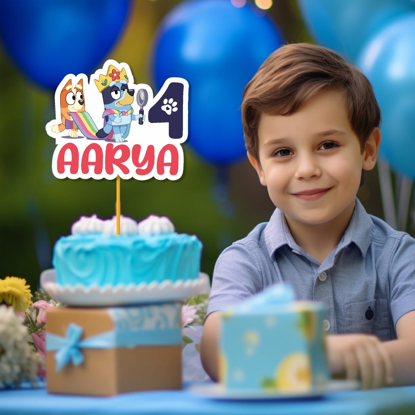 Bluey and Bingo custom cupcake toppers on birthday party dessert table, personalised name and age cake decoration for Bluey birthday party – BluParty India