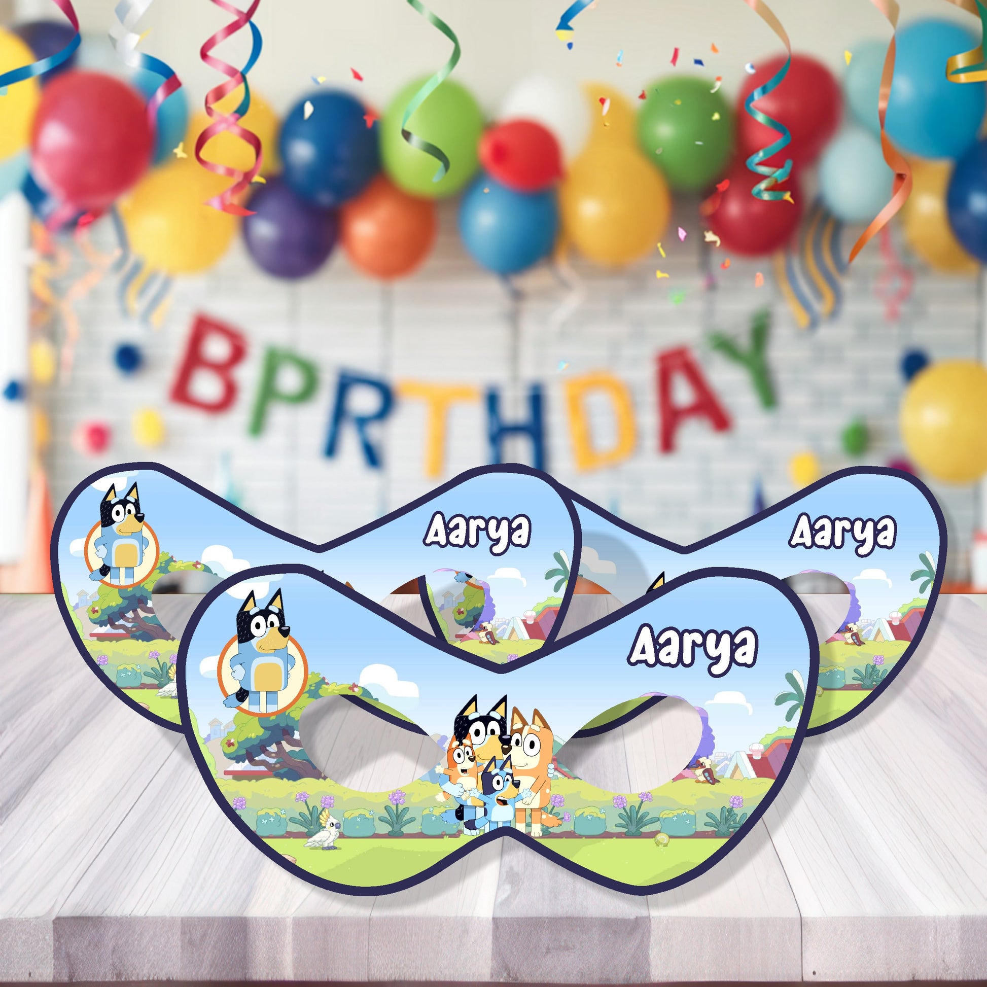 Bluey blue and Bingo orange personalized birthday eye masks for kids party return gift India
