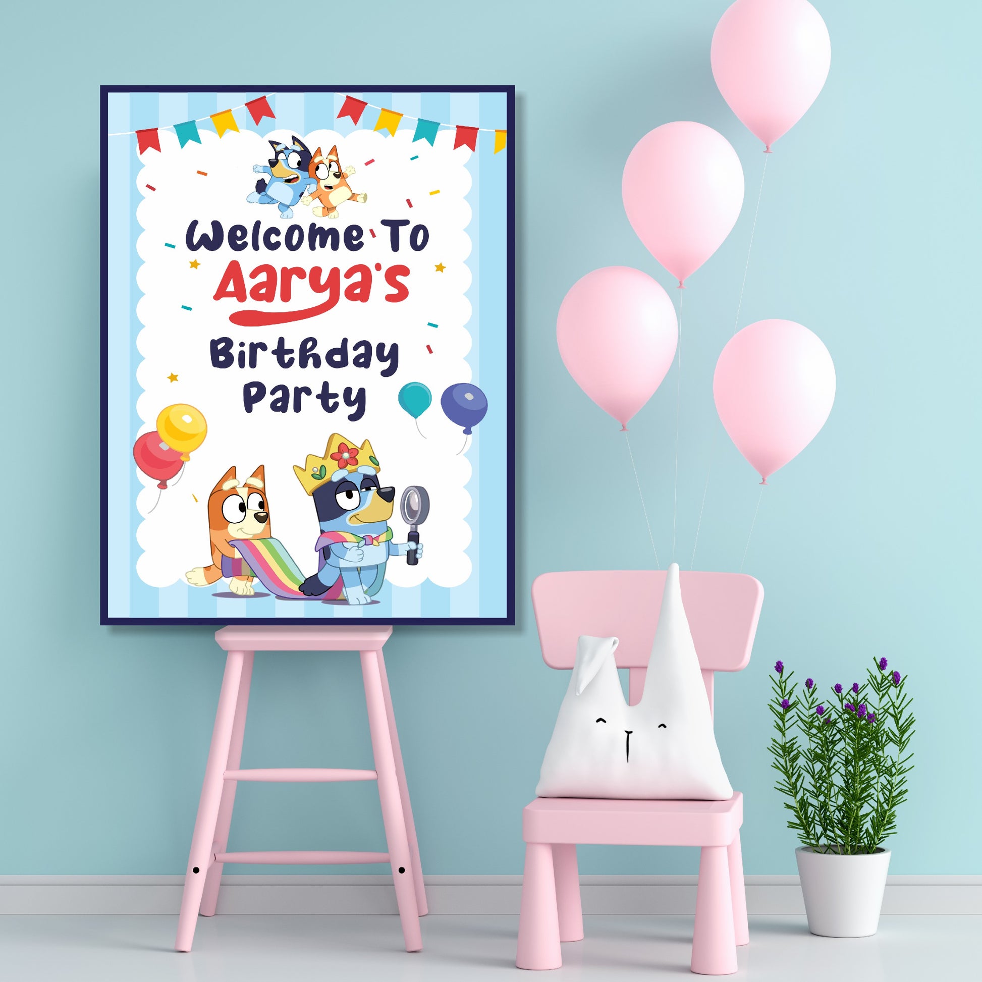 Bluey and Bingo personalised birthday welcome board with child's name and age, custom party entrance sign on 3–5mm form board, 3 sizes from ₹349 – BluParty India
