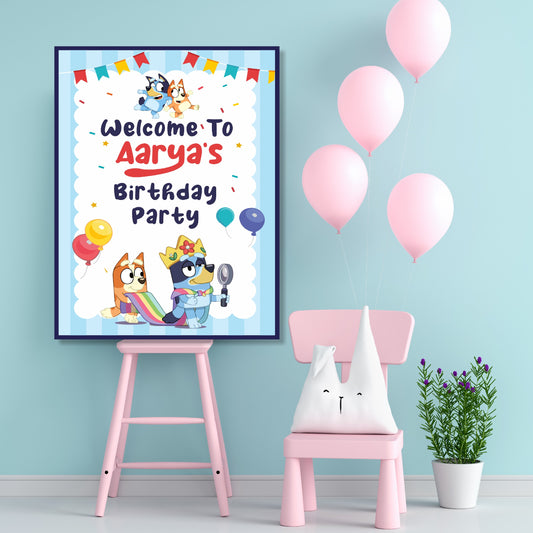 Bluey and Bingo personalised birthday welcome board with child's name and age, custom party entrance sign on 3–5mm form board, 3 sizes from ₹349 – BluParty India