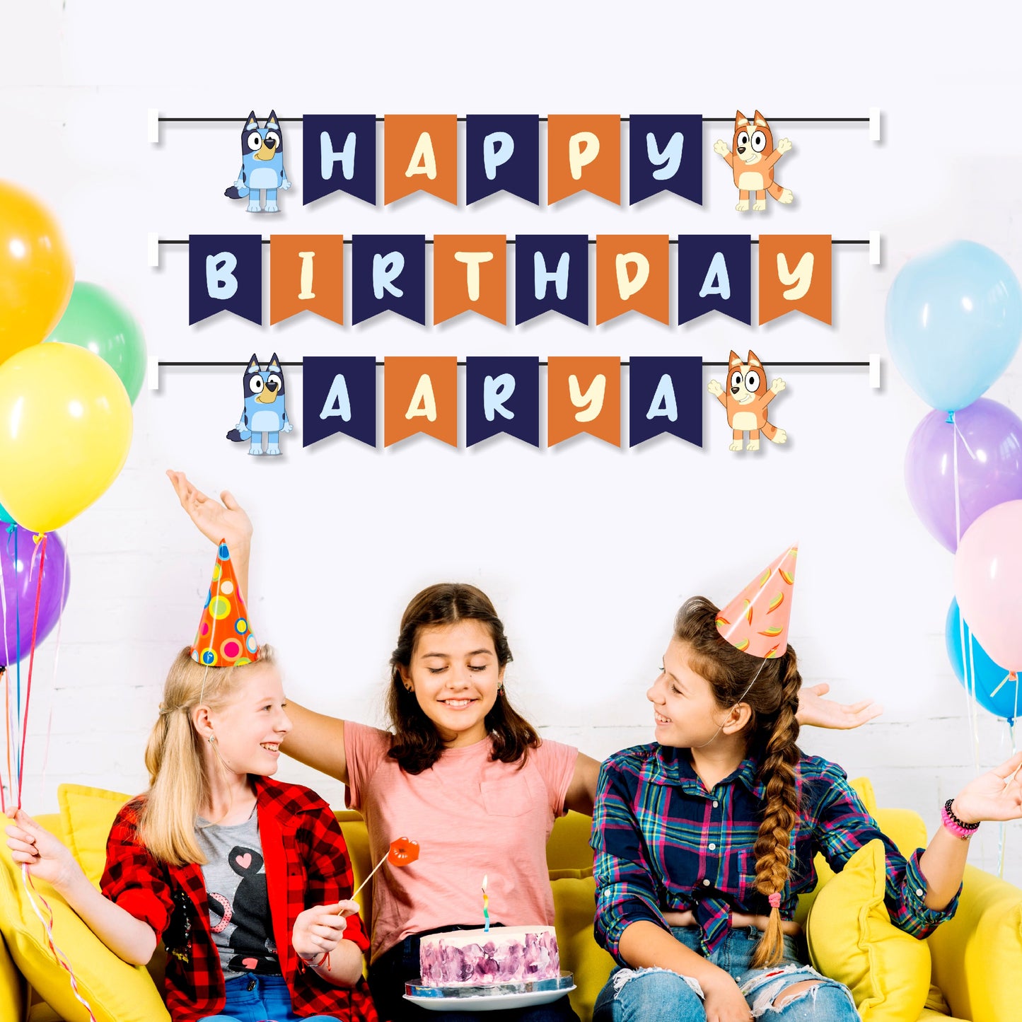 Bluey and Bingo personalised name bunting with child's name spelled across 300GSM artboard flags, pre-strung with ribbon for Bluey birthday party decoration – BluParty India
