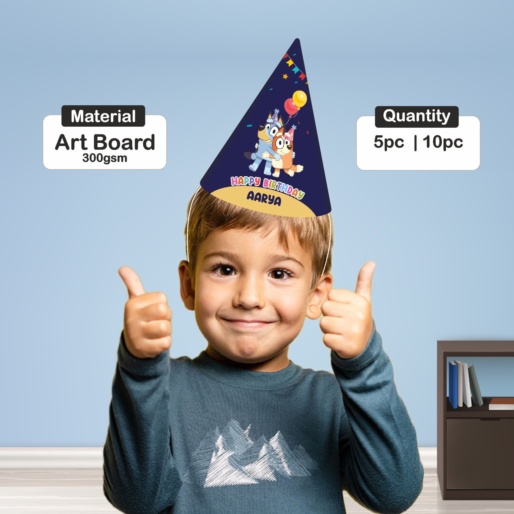 Bluey and Bingo characters on personalized birthday hat with custom name print – kids party cap India
