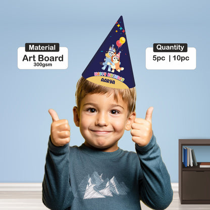 Bluey and Bingo characters on personalized birthday hat with custom name print – kids party cap India
