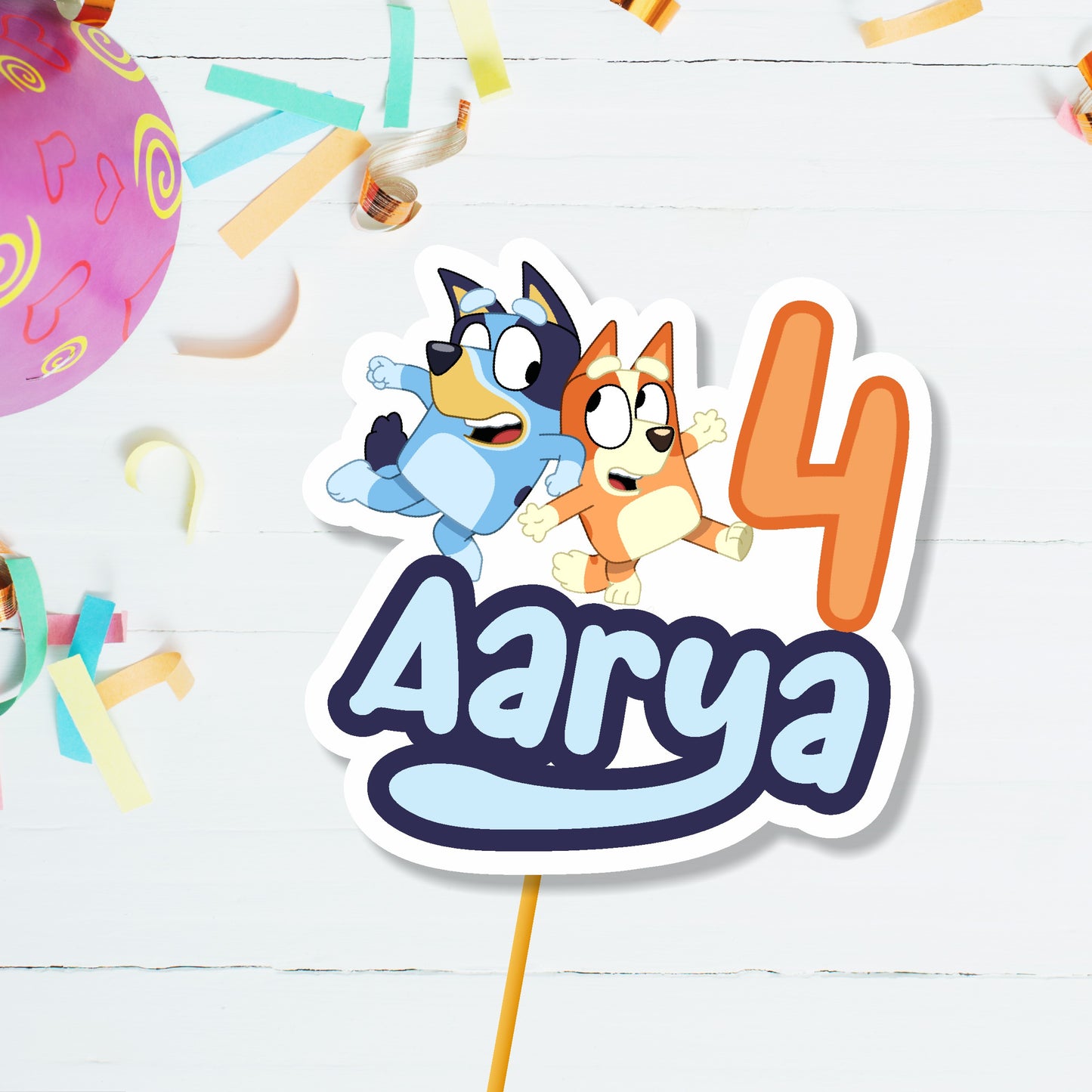 Personalised Bluey birthday cake topper with Bluey and Bingo character artwork and child's name, premium cardstock cake decoration for kids birthday party – BluParty India