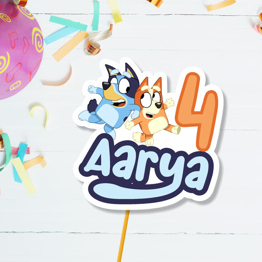 Personalised Bluey birthday cake topper with Bluey and Bingo character artwork and child's name, premium cardstock cake decoration for kids birthday party – BluParty India