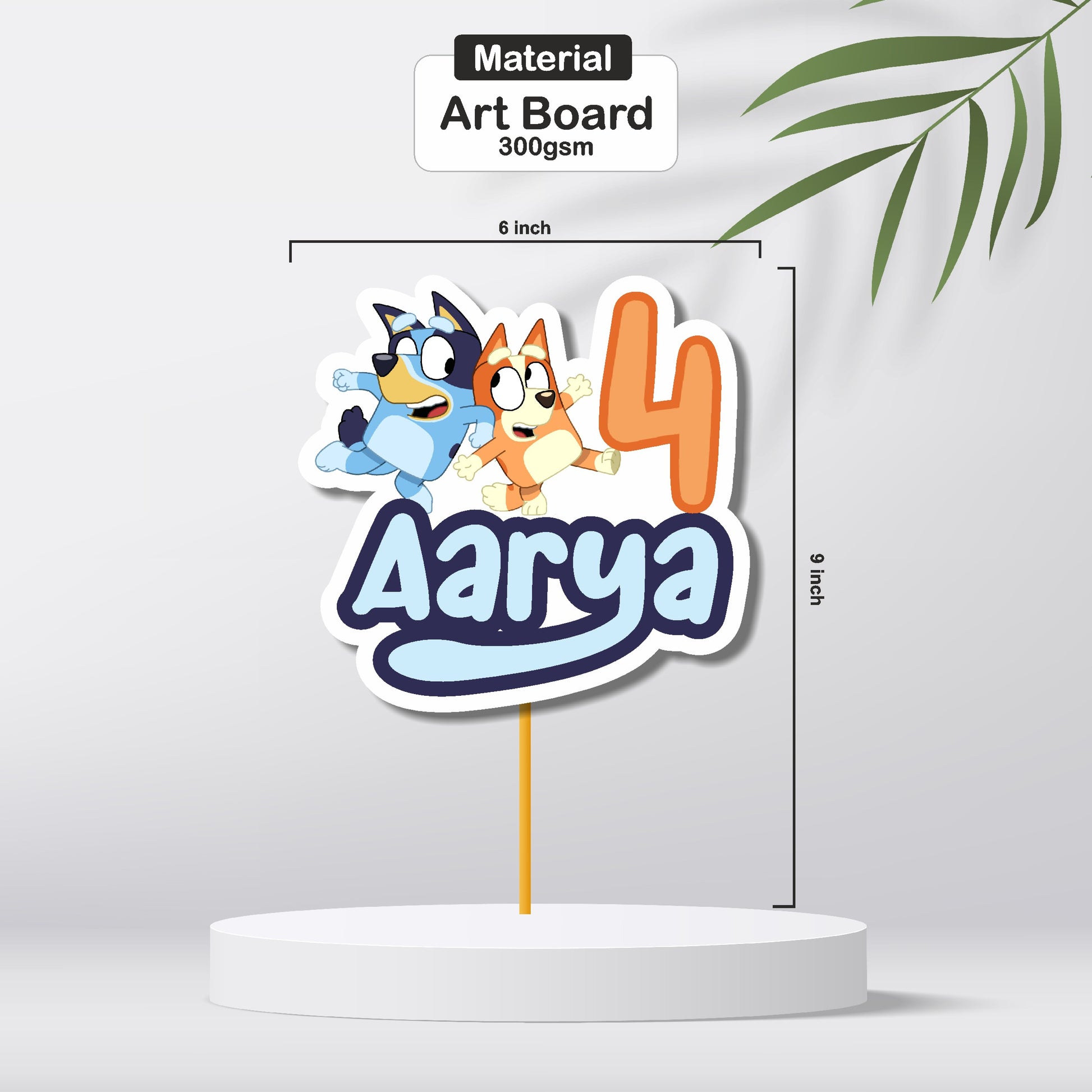 Close-up of personalised Bluey birthday cake topper showing child's name and age with Bluey and Bingo cake decoration print – BluParty India