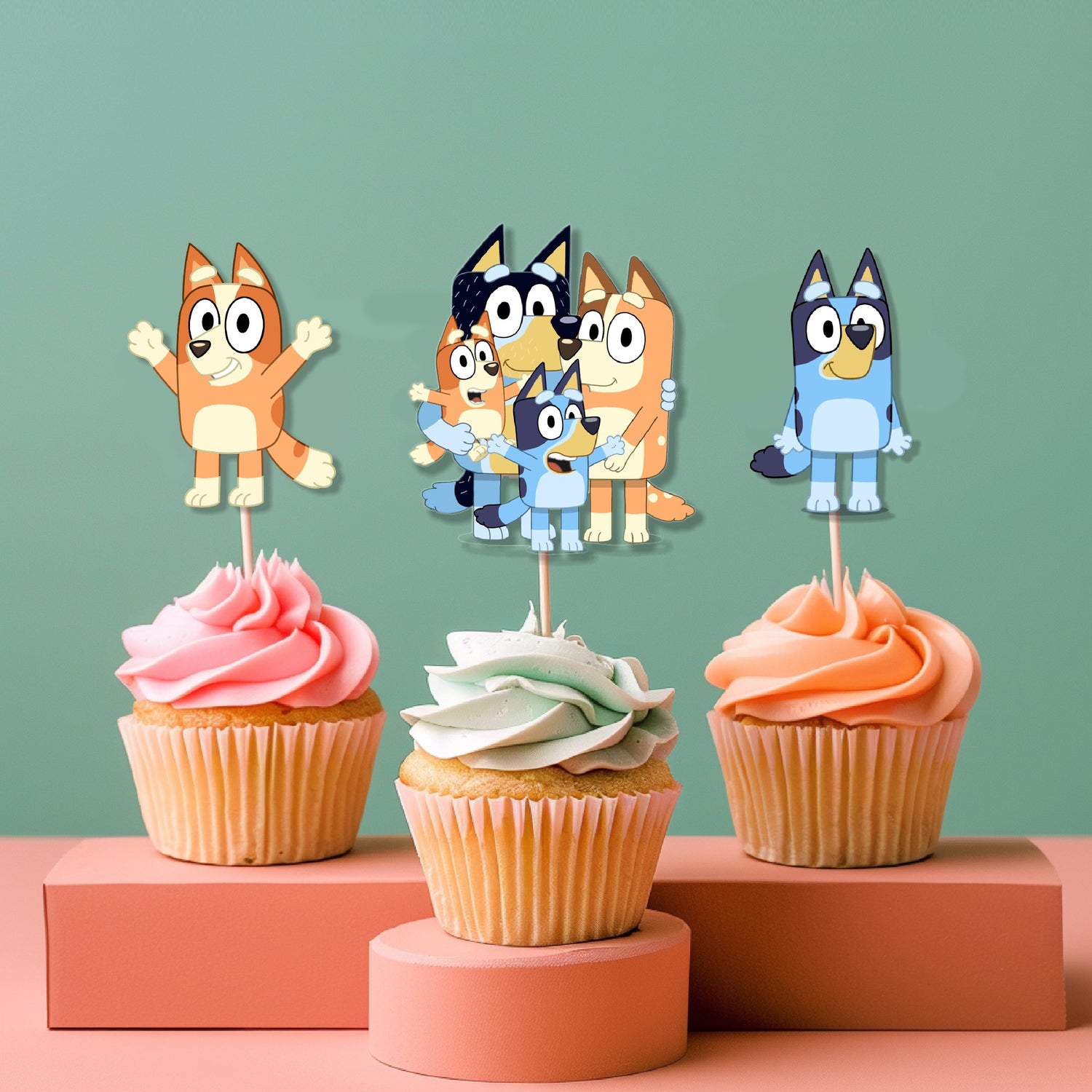 Bluey birthday cupcake toppers pack with Bluey and Bingo character designs on 300GSM artboard, available in 5 or 10 pcs for birthday party dessert table decoration – BluParty India