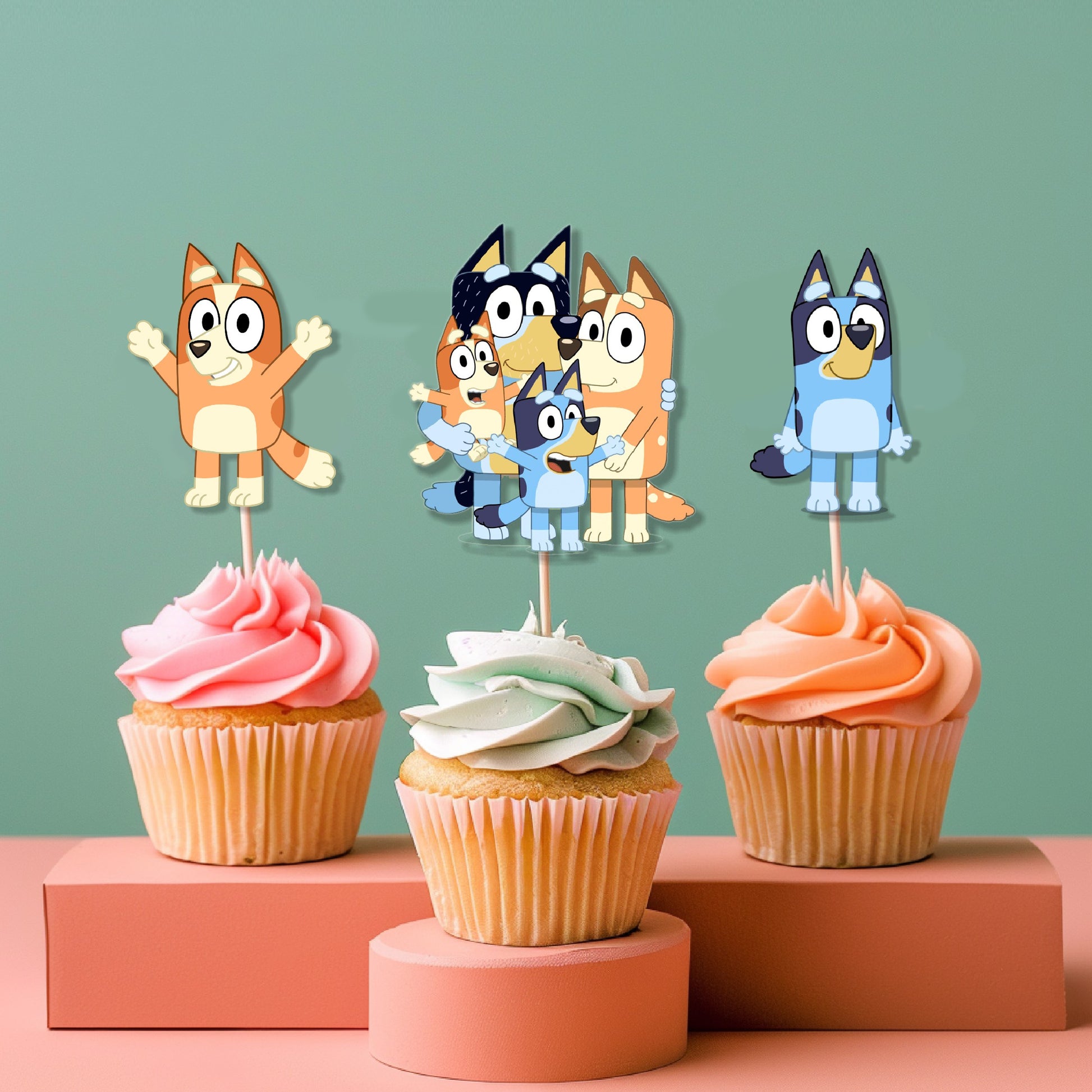Bluey birthday cupcake toppers pack with Bluey and Bingo character designs on 300GSM artboard, available in 5 or 10 pcs for birthday party dessert table decoration – BluParty India