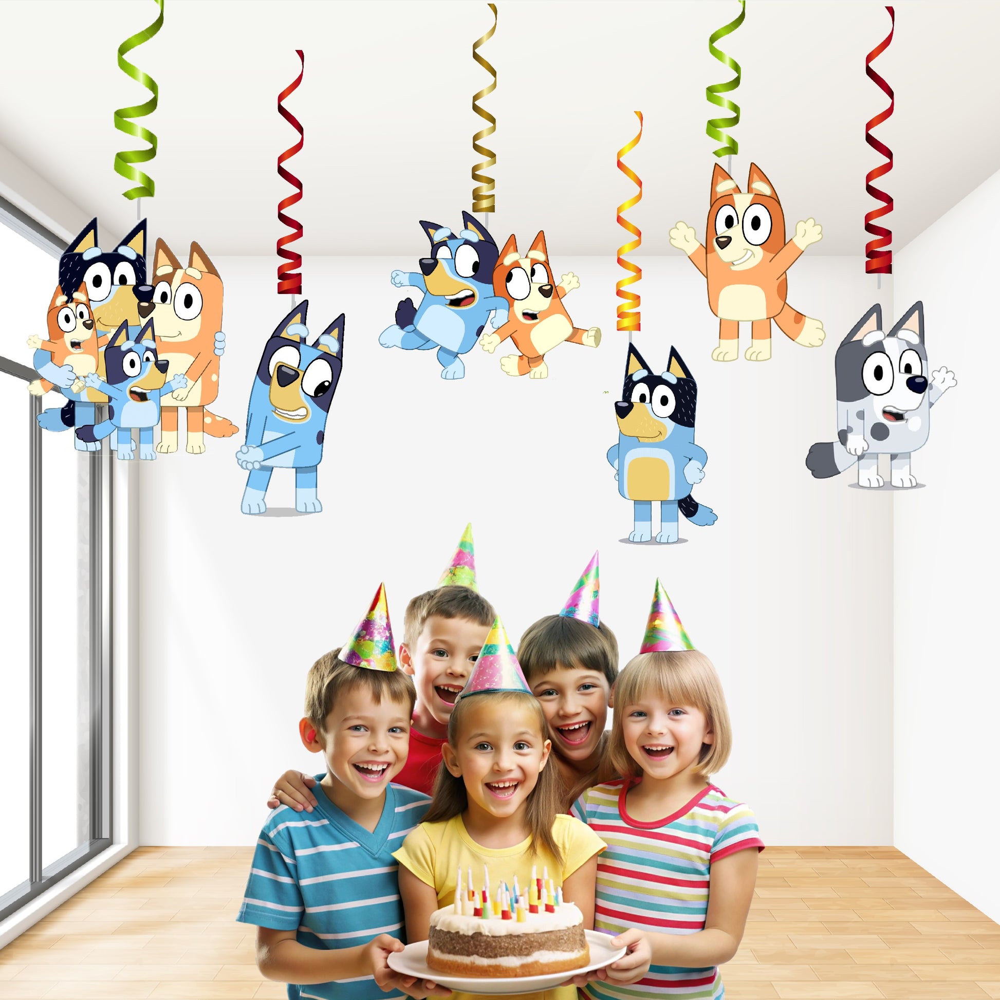 Bluey birthday hanging swirl decorations with Bluey and Bingo character artwork, vibrant spiral ceiling party decor for kids birthday party – BluParty India