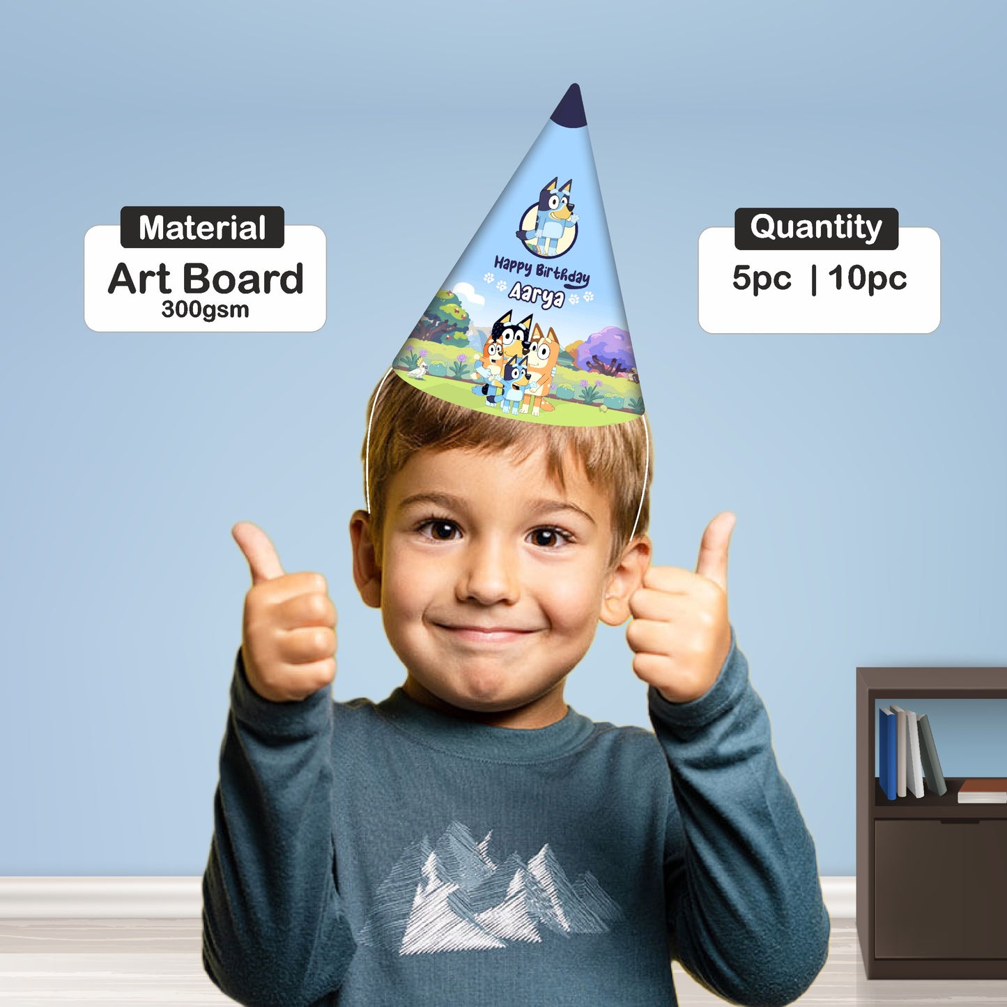 Bluey birthday party hat pack of 6 and 10 pieces – cone cap with elastic band India
