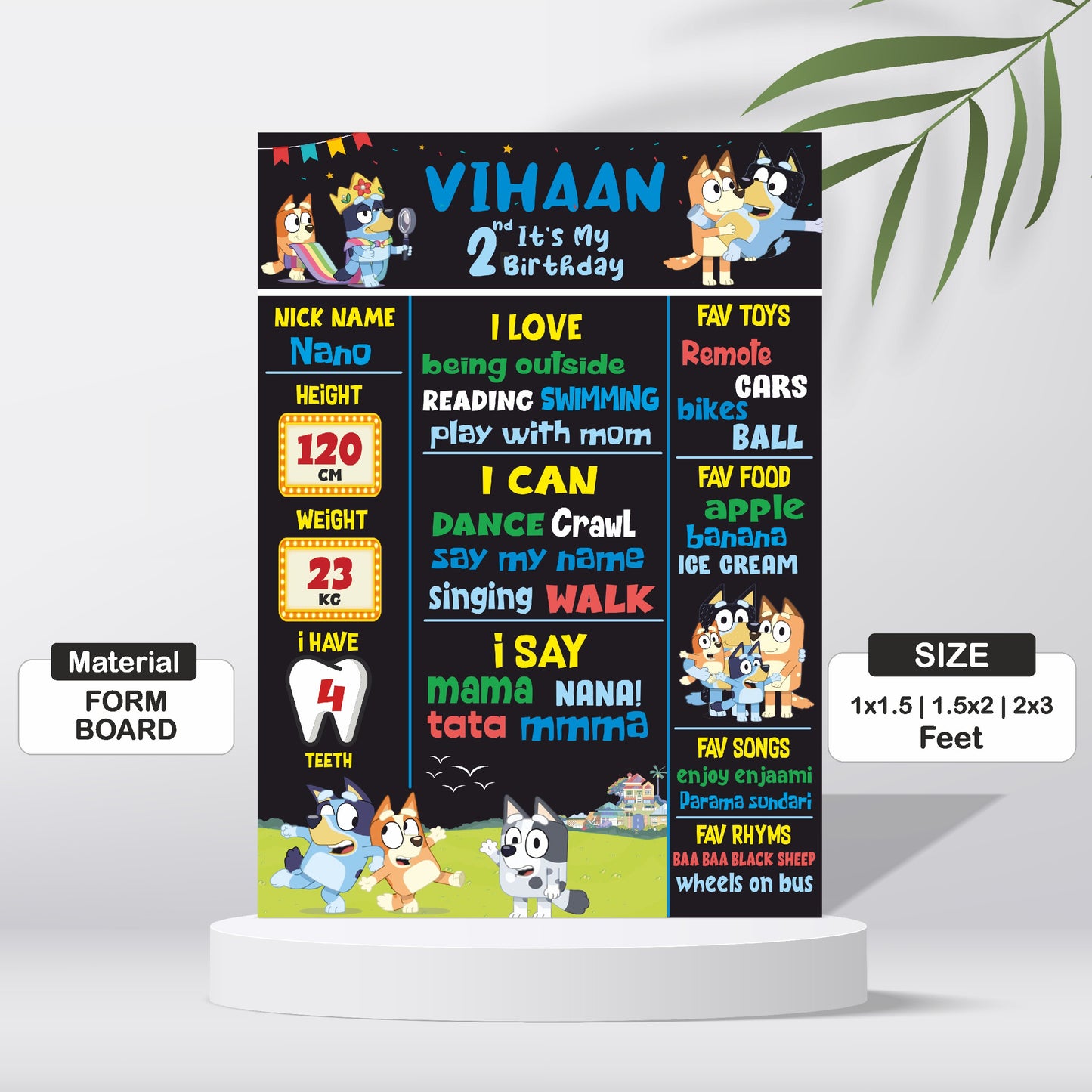 Close-up of Bluey birthday milestone chalkboard showing personalised name, age, height, weight and favourite fields printed on premium 3–5mm form board – BluParty India