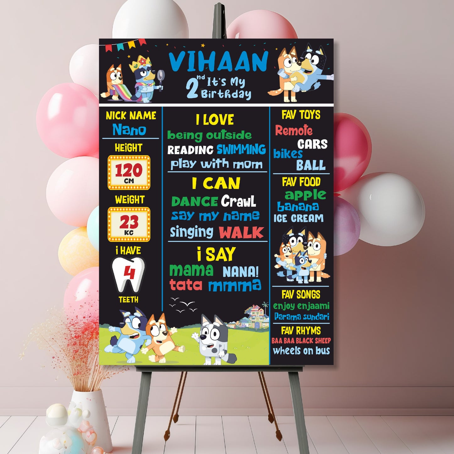 Bluey birthday milestone chalkboard personalised with child's name, age, height, weight and favourite details — Bluey and Bingo Heeler family photo prop on 3–5mm form board, 3 sizes from ₹599 – BluParty India