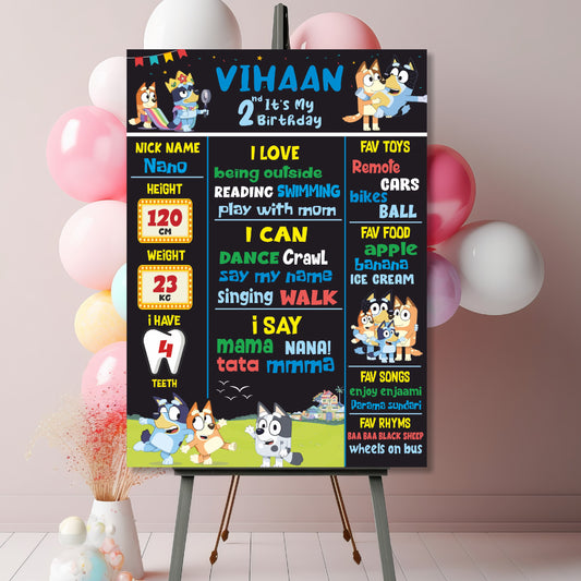 Bluey birthday milestone chalkboard personalised with child's name, age, height, weight and favourite details — Bluey and Bingo Heeler family photo prop on 3–5mm form board, 3 sizes from ₹599 – BluParty India