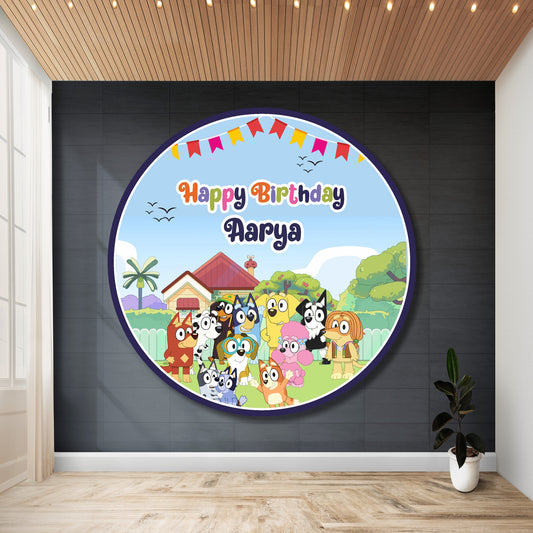 Bluey birthday personalized round backdrop – circle flex print with name and age India
