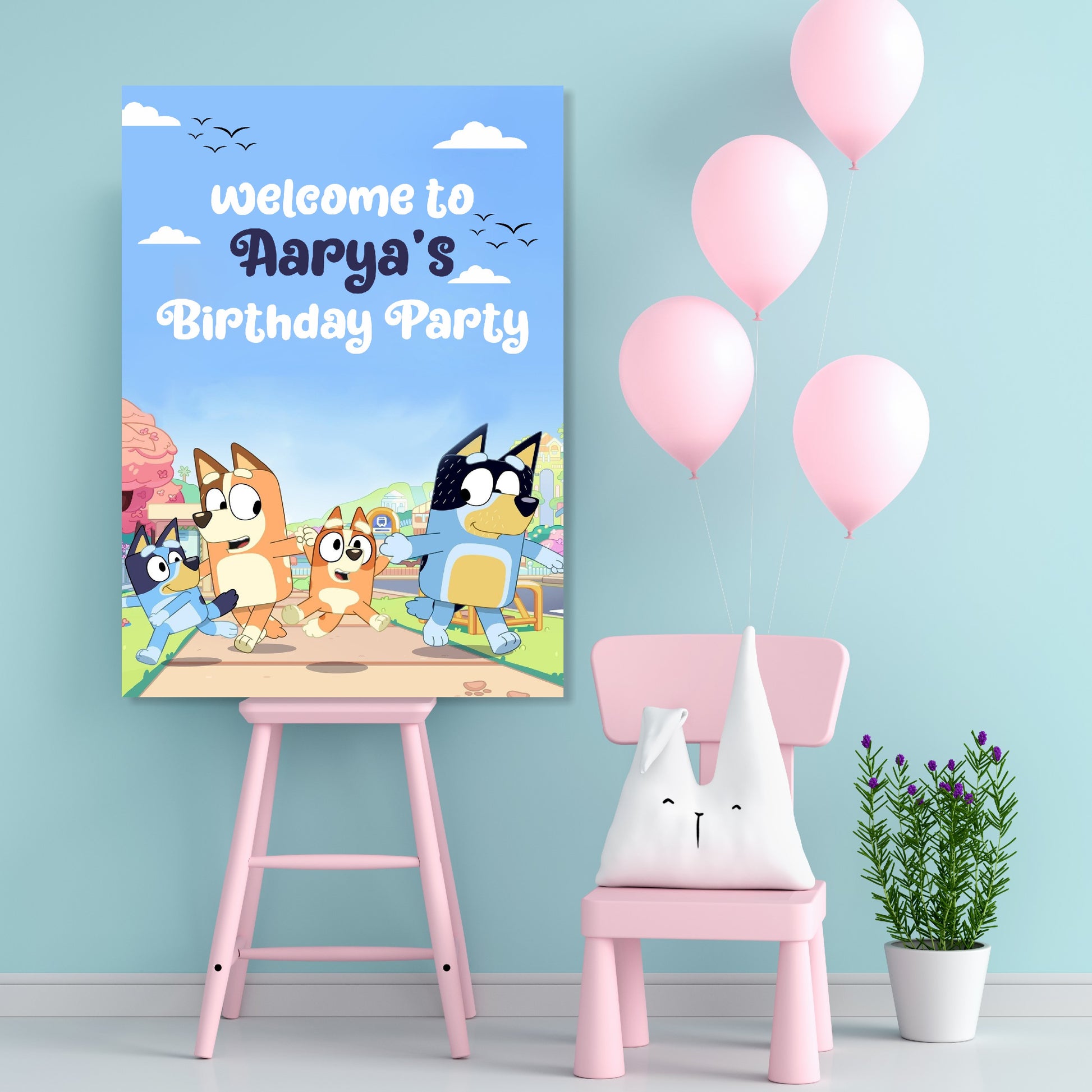 Bluey birthday welcome board personalised with child's name and age, featuring Bluey and Bingo Heeler family character artwork on 3–5mm form board party entrance sign, 3 sizes from ₹349 – BluParty India