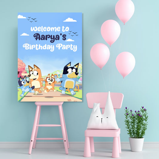 Bluey birthday welcome board personalised with child's name and age, featuring Bluey and Bingo Heeler family character artwork on 3–5mm form board party entrance sign, 3 sizes from ₹349 – BluParty India
