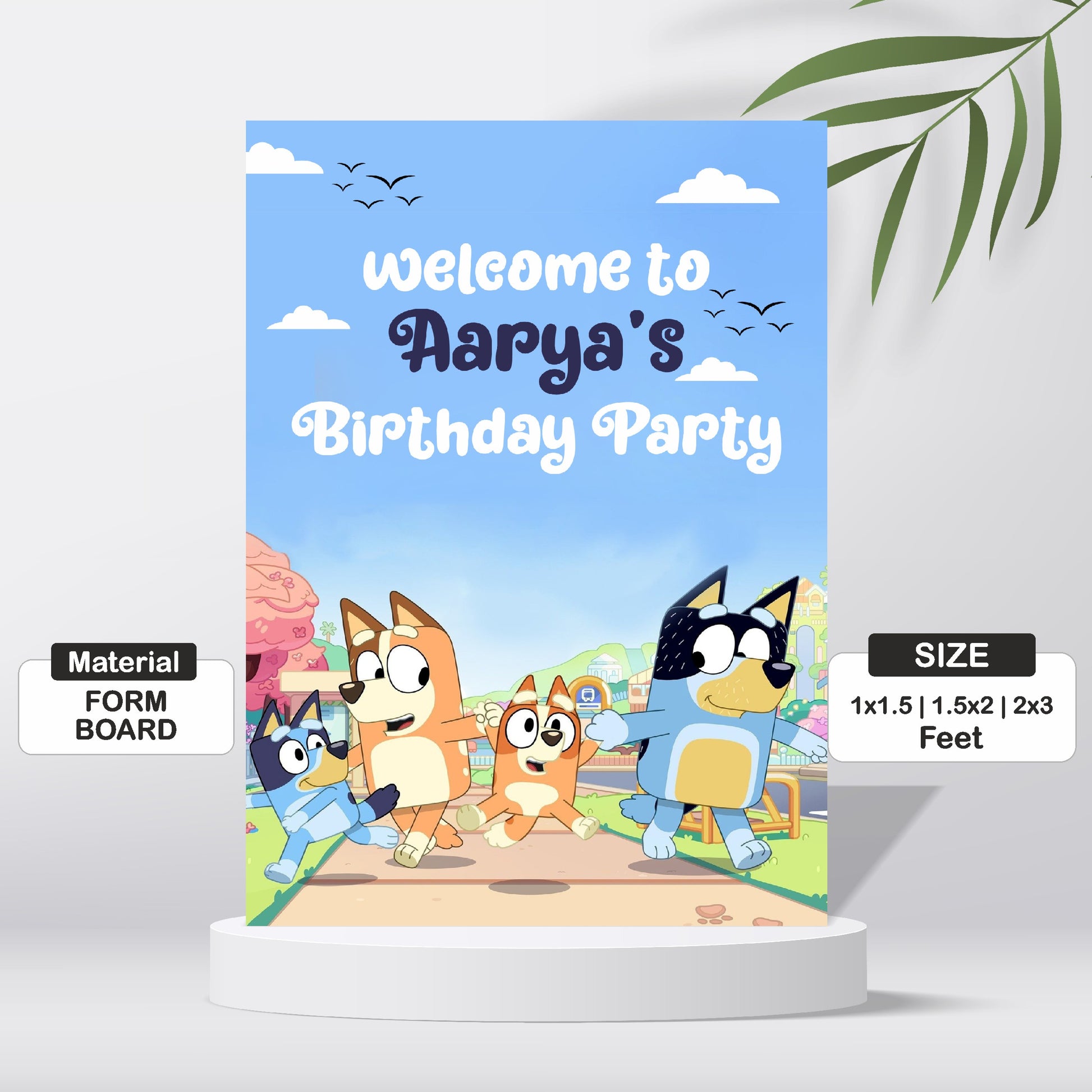 Close-up of personalised Bluey birthday welcome board showing child's name and age with Bluey and Bingo character artwork printed on premium 3–5mm form board – BluParty India