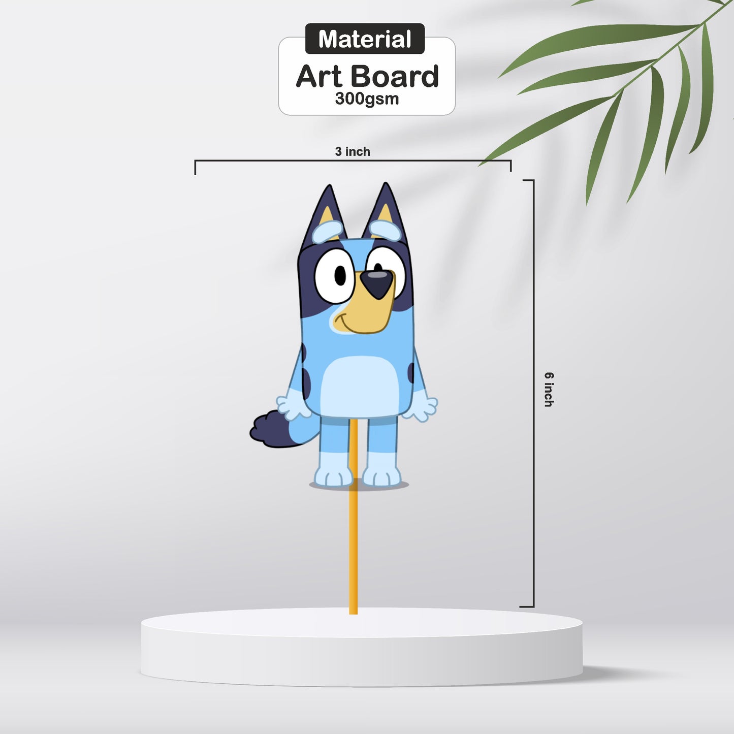 Close-up of a single Bluey character cupcake topper showing vivid 300GSM artboard print inserted into a birthday cupcake, Bluey birthday party cake decoration – BluParty India