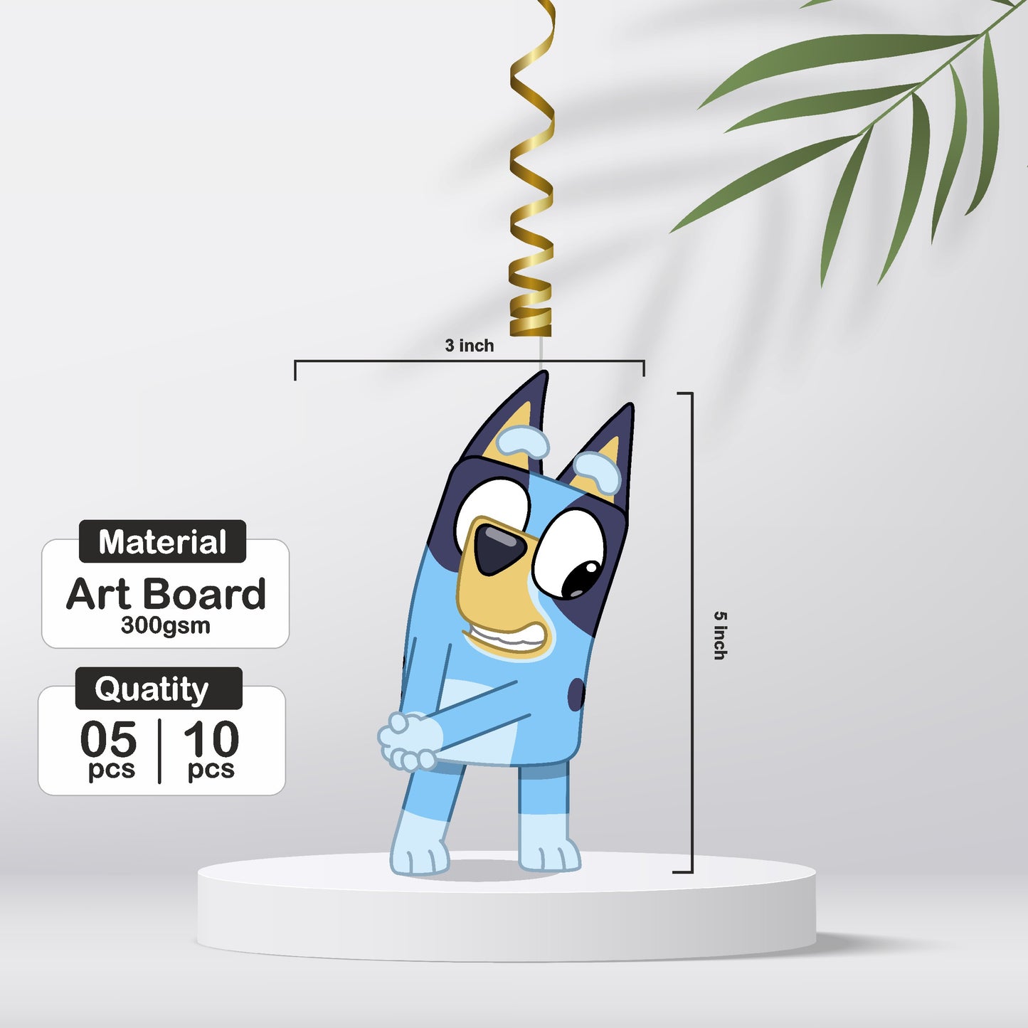 Close-up of Bluey character artwork on a hanging spiral swirl birthday decoration, vibrant party decor ceiling print detail – BluParty India