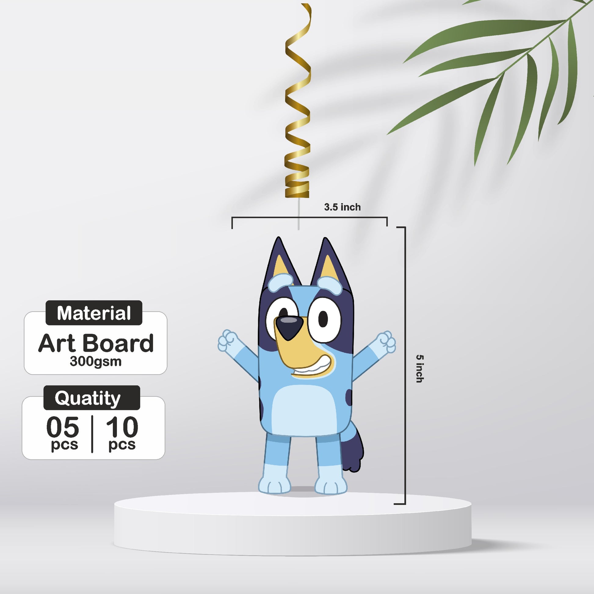 Close-up of a single Bluey Heeler family character swirl showing the character cutout at the bottom end of the 300GSM artboard spiral birthday ceiling decoration – BluParty India