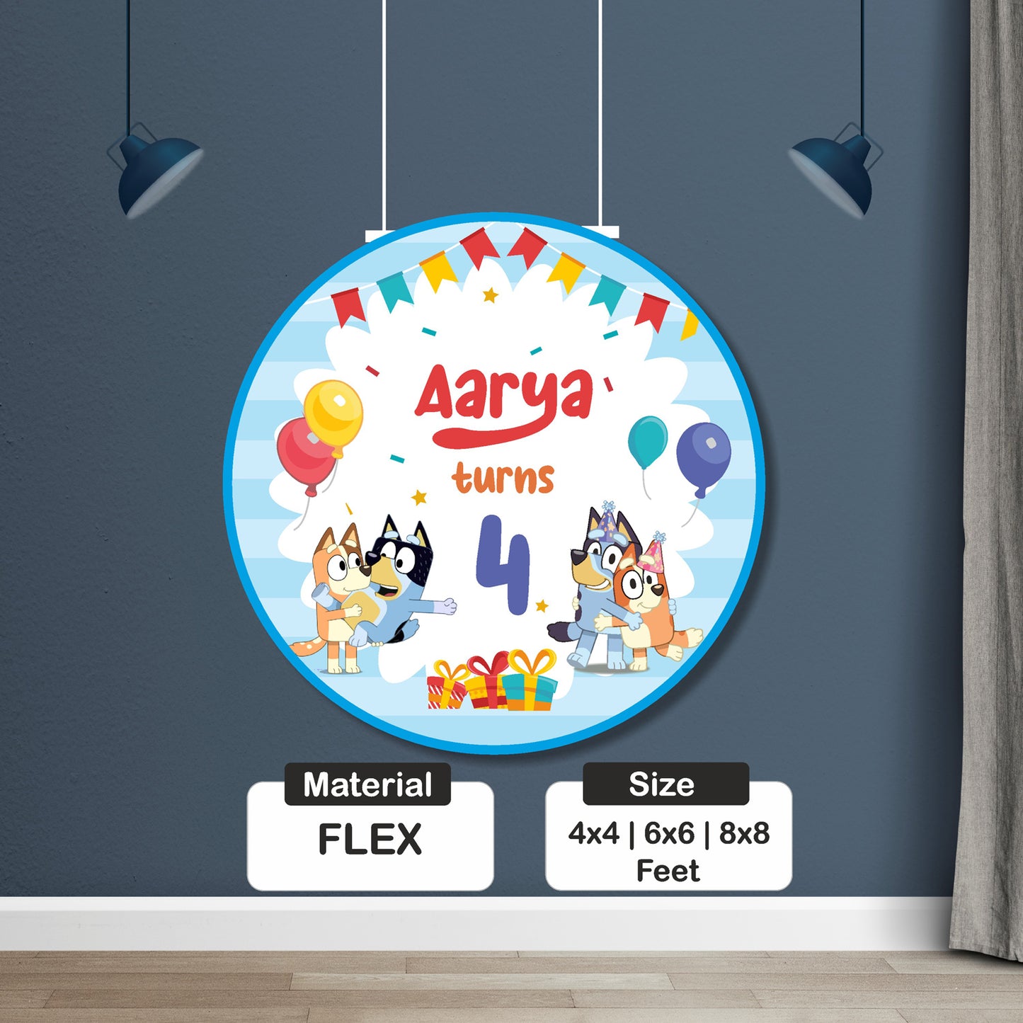 Bluey birthday circle backdrop size options 4x4 6x6 8x8 feet for home and hall party decoration
