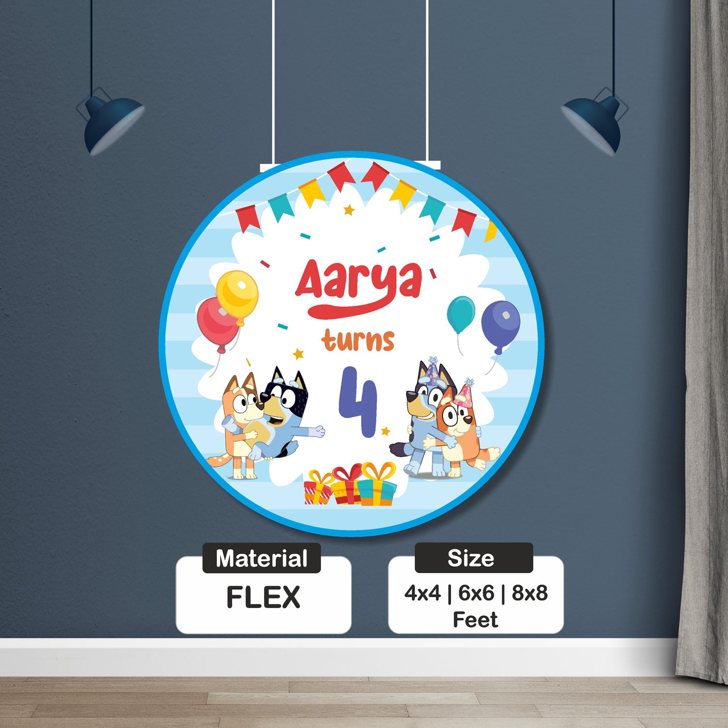 Bluey birthday circle backdrop size options 4x4 6x6 8x8 feet for home and hall party decoration
