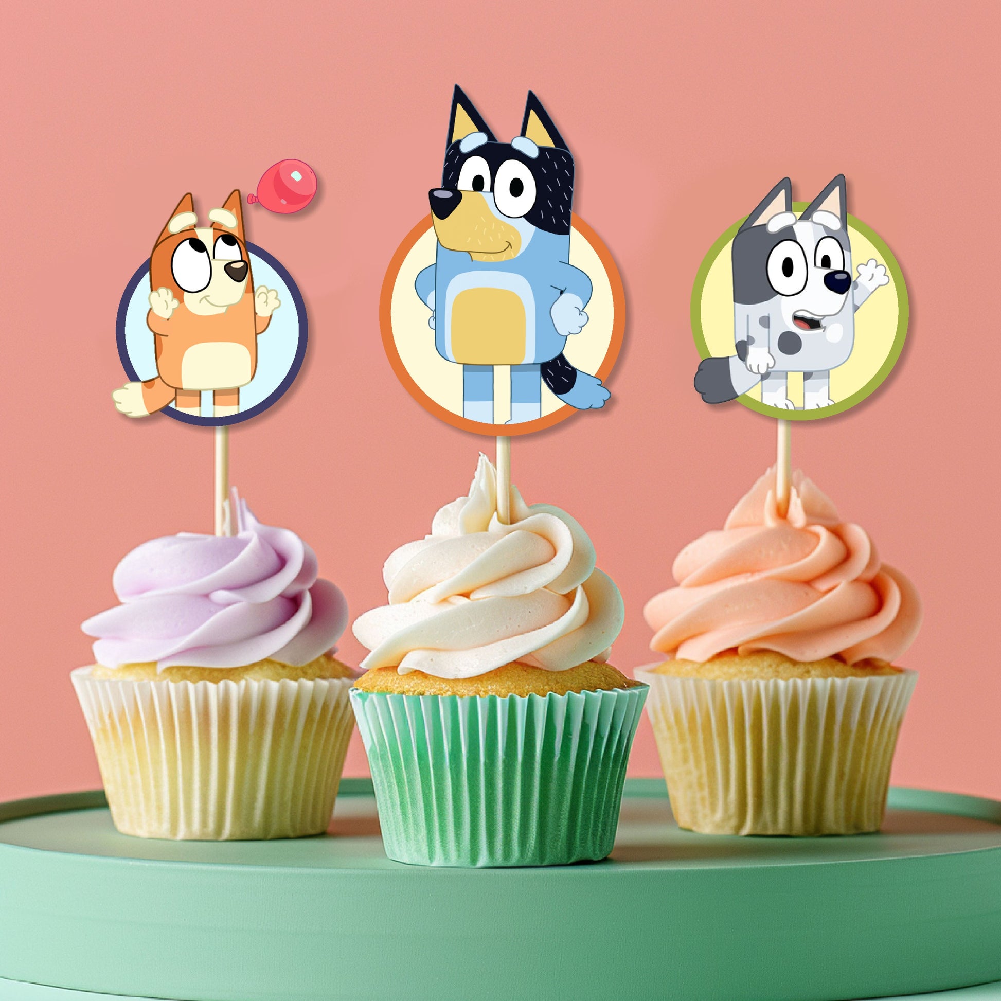 Bluey classic character cupcake toppers pack with iconic solo Bluey artwork on 300GSM artboard, available in 5 or 10 pcs for birthday party dessert table – BluParty India