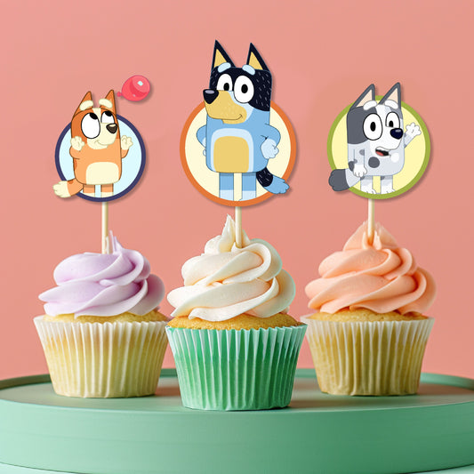 Bluey classic character cupcake toppers pack with iconic solo Bluey artwork on 300GSM artboard, available in 5 or 10 pcs for birthday party dessert table – BluParty India