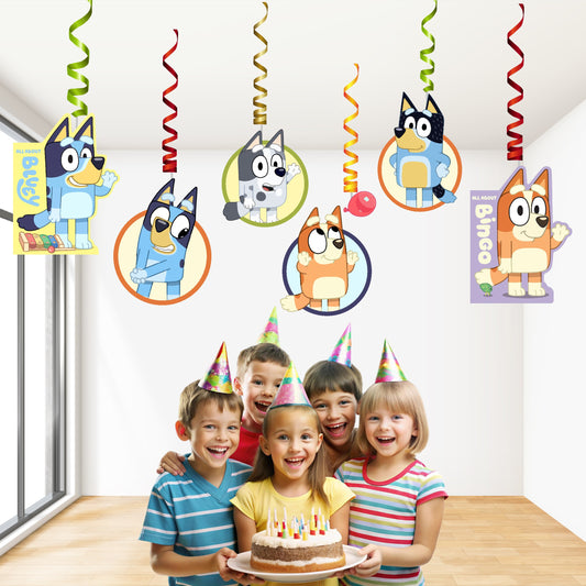 Bluey classic character hanging swirl decorations with iconic solo Bluey artwork on vibrant spiral ceiling birthday party decor – BluParty India