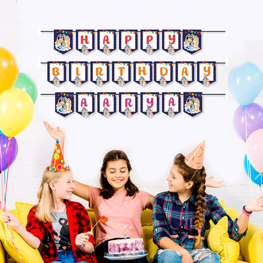 Bluey classic solo character name bunting with child's name spelled across 300GSM artboard flags, personalised birthday party banner with iconic Bluey artwork – BluParty India