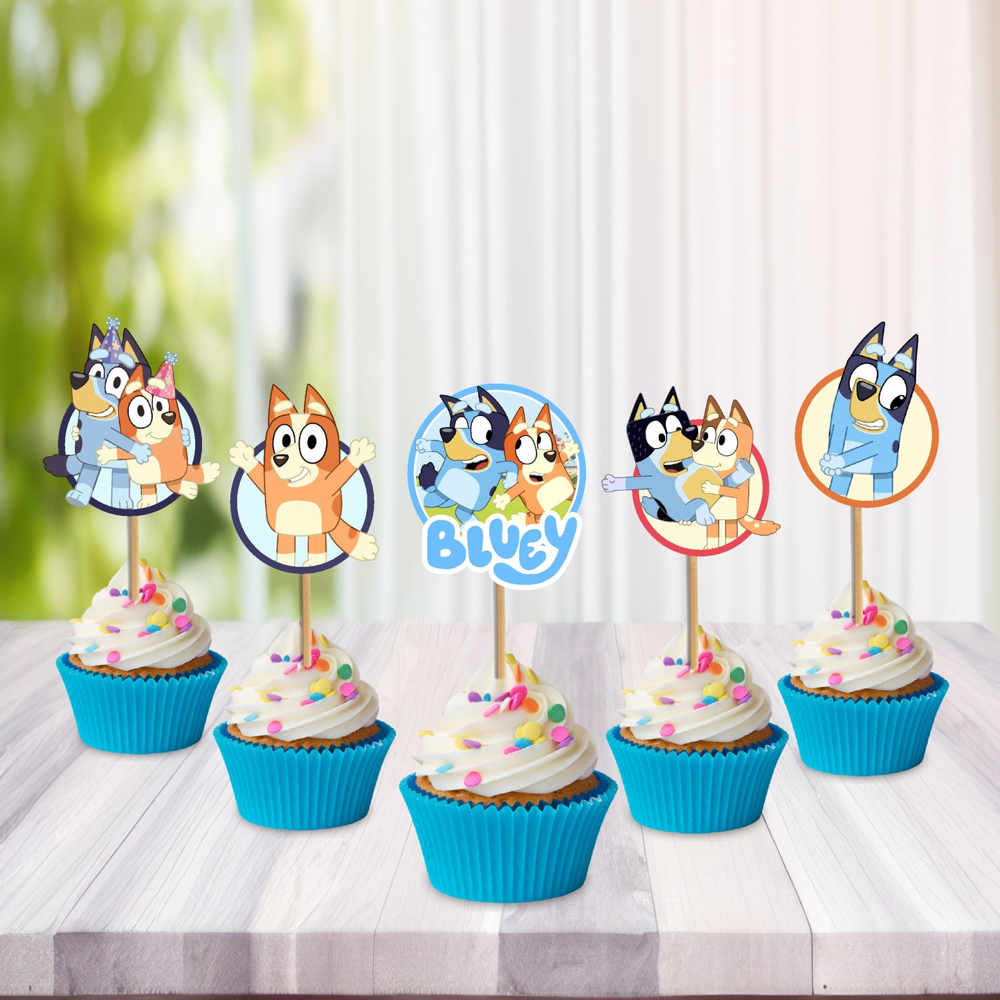 Bluey classic character cupcake toppers displayed on a kids birthday party dessert table, iconic solo Bluey cake decoration in 5 or 10 pcs pack – BluParty India