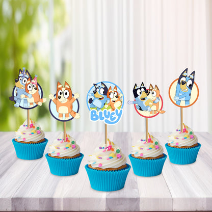 Bluey classic character cupcake toppers displayed on a kids birthday party dessert table, iconic solo Bluey cake decoration in 5 or 10 pcs pack – BluParty India