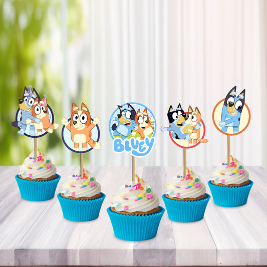 Bluey classic character cupcake toppers displayed on a kids birthday party dessert table, iconic solo Bluey cake decoration in 5 or 10 pcs pack – BluParty India