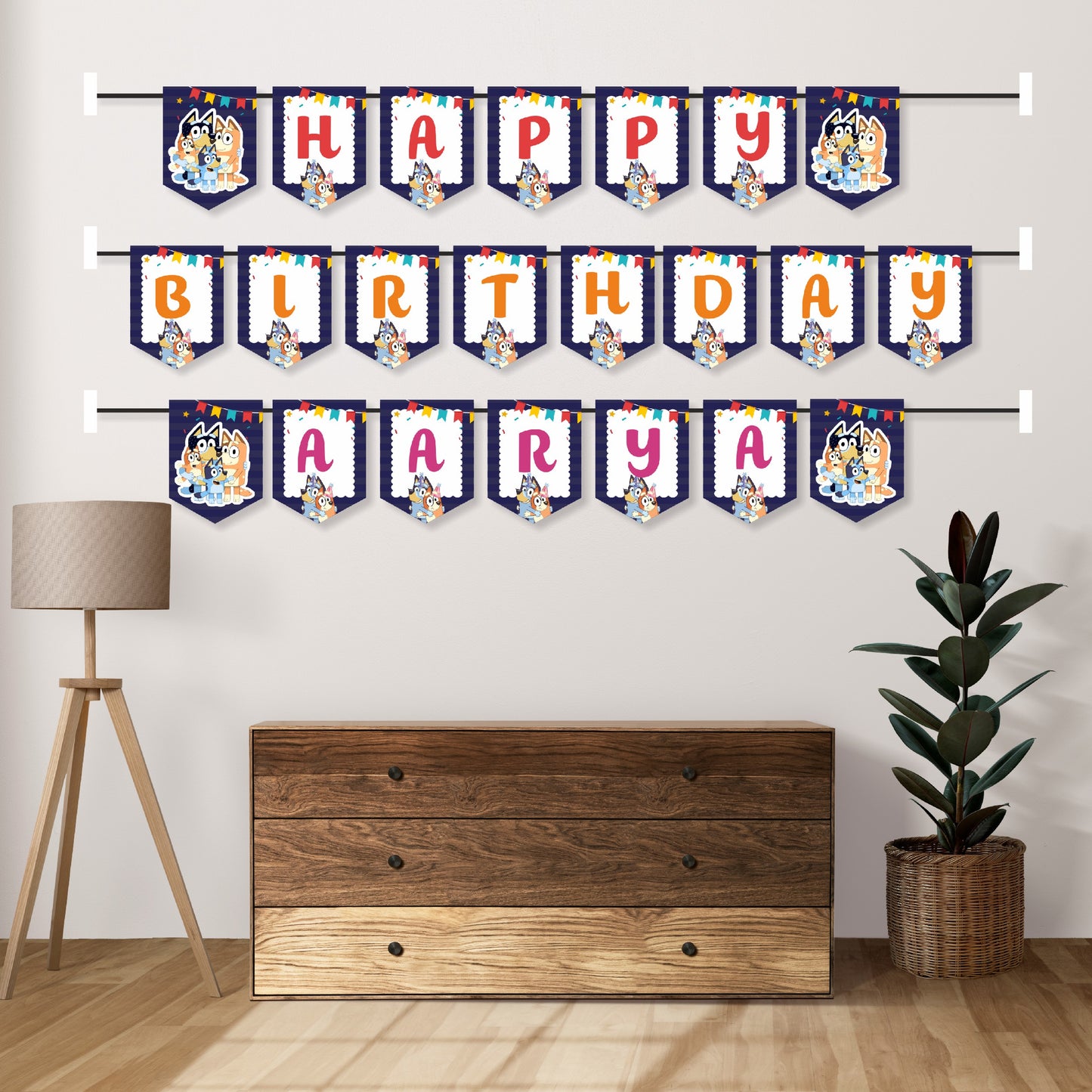 Bluey classic character personalised name bunting hung as birthday party wall decoration, iconic solo Bluey artwork flags spelling child's name – BluParty India