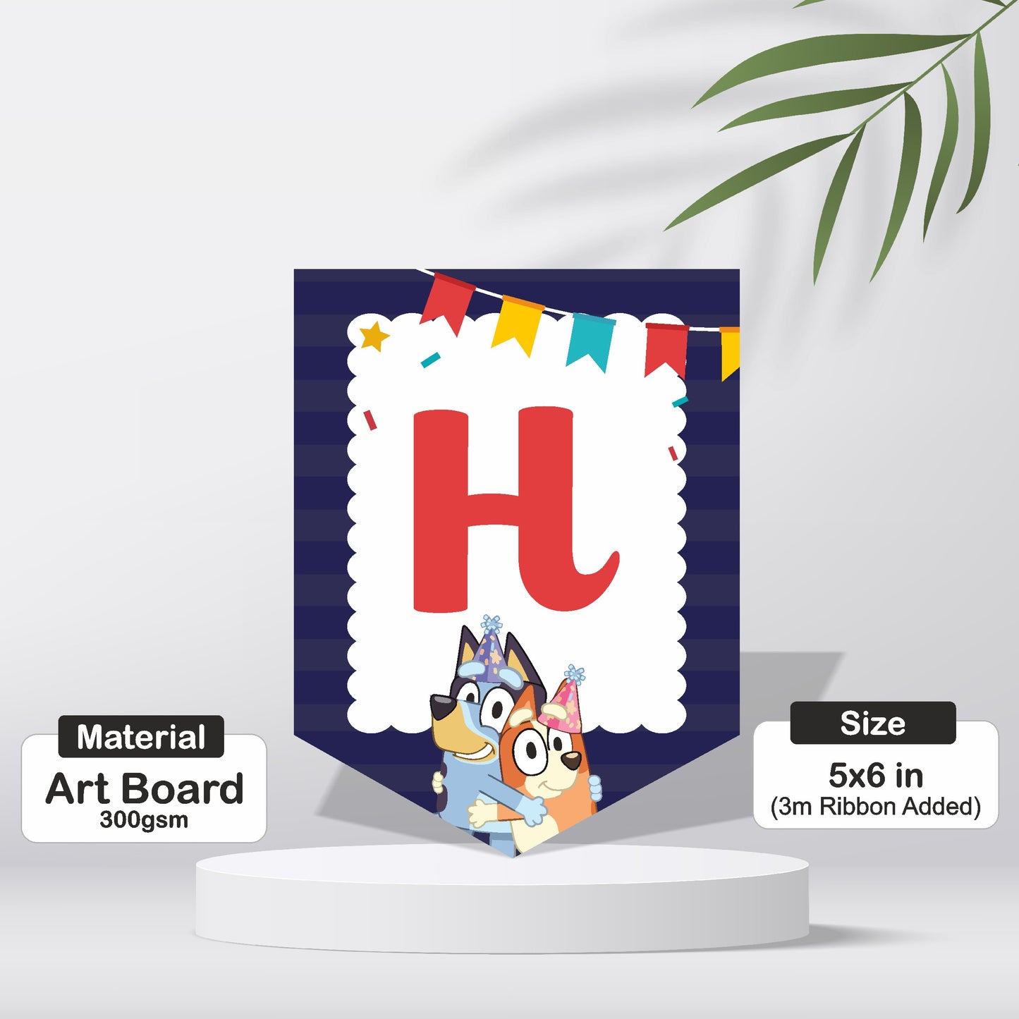 Close-up of a single classic Bluey character flag from the personalised name bunting, showing vivid solo Bluey artwork on 300GSM artboard – BluParty birthday party decoration India