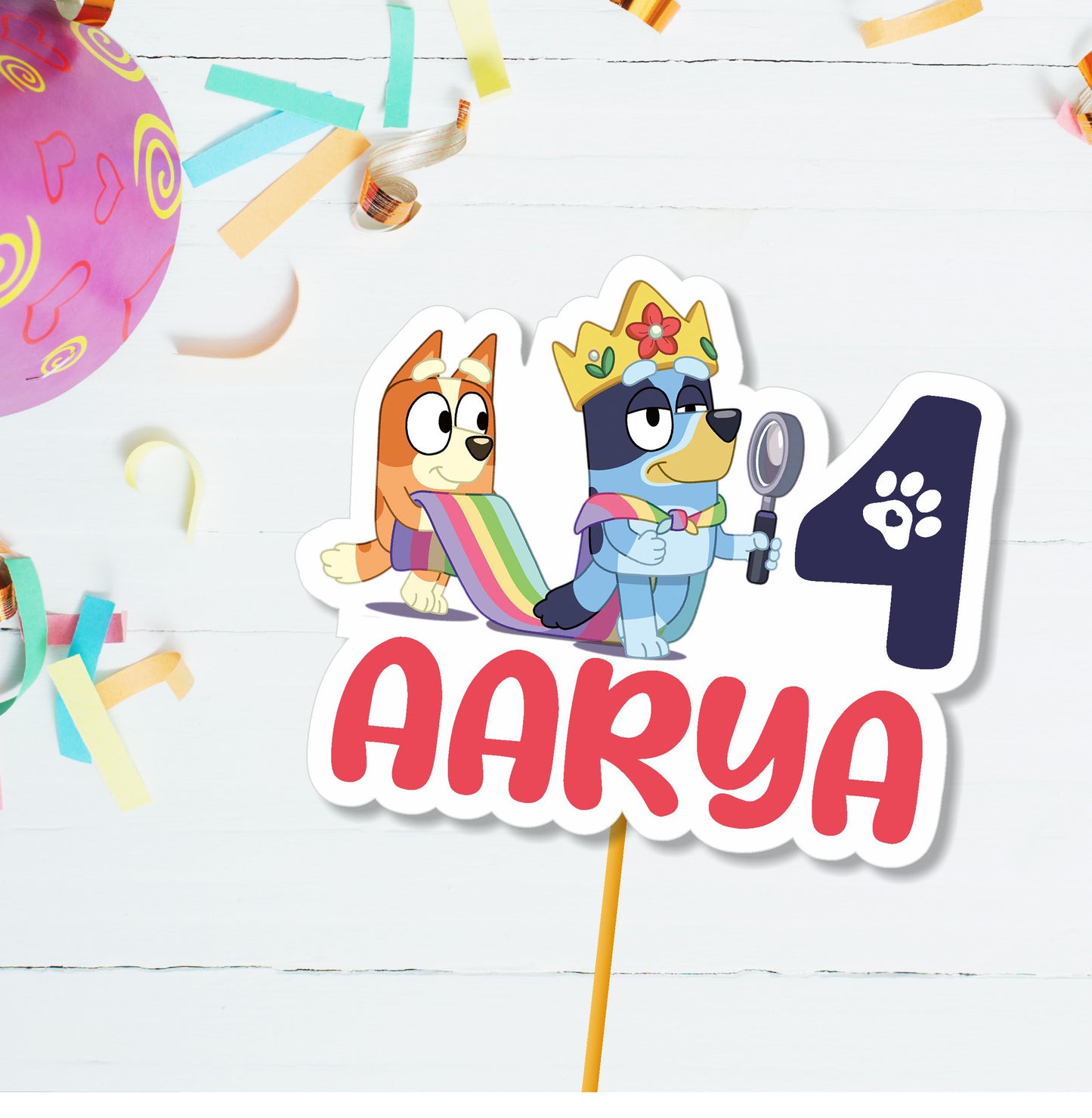 Bluey custom birthday cake topper personalised with child's name, age and message — Bluey and Bingo cake decoration on 300GSM artboard, from ₹199 – BluParty India
