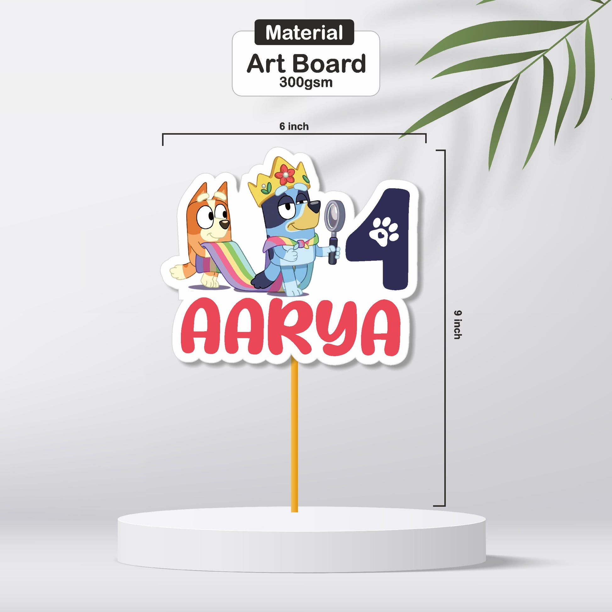 Close-up of Bluey custom birthday cake topper showing personalised name, age and message with Bluey and Bingo characters on 300GSM artboard – BluParty India