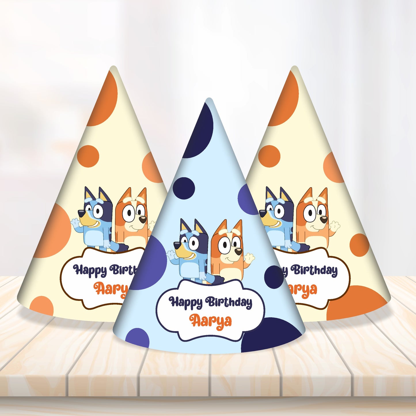 Bluey customized birthday hat pack with child's name – 300GSM artboard cone cap India BluParty

