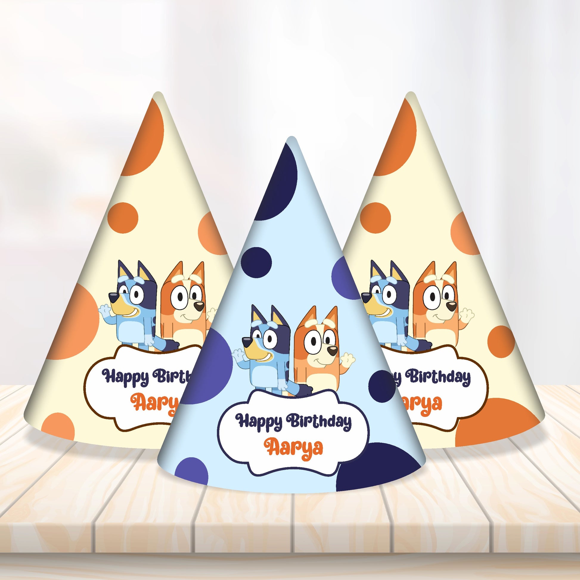 Bluey customized birthday hat pack with child's name – 300GSM artboard cone cap India BluParty
