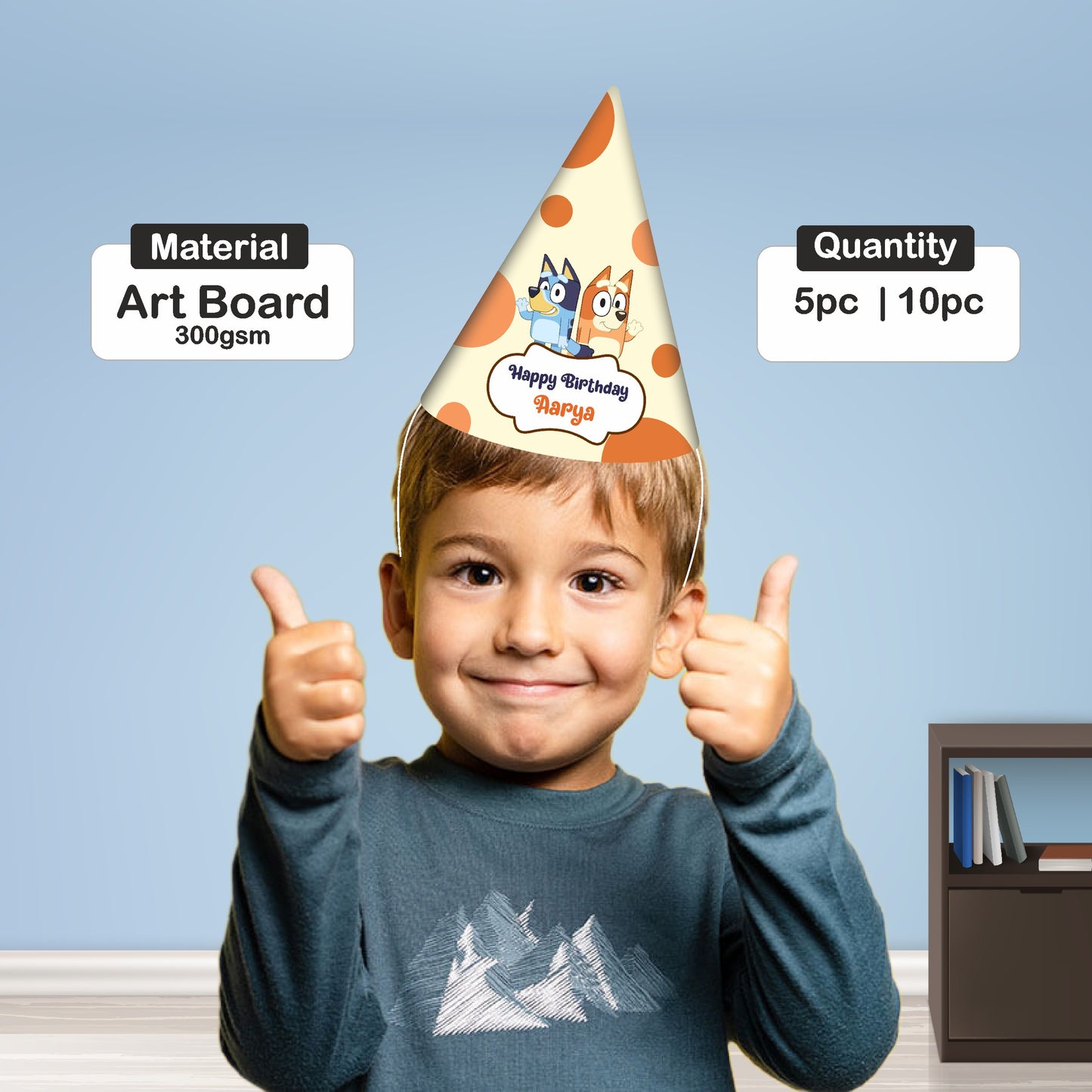 Bluey customized birthday hat pack available in 5 and 10 pieces – 300GSM premium artboard India
