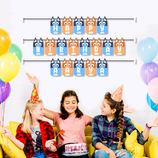 Bluey Heeler family custom birthday bunting with child's name spelled across 300GSM artboard flags, personalised name flag banner for Bluey theme party decoration – BluParty India