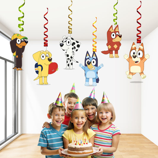 Bluey Heeler family character swirls with Bluey and Bingo character cutout at the end of each spiral, 3D birthday ceiling decoration in 5 or 10 pcs packs from ₹149 – BluParty India