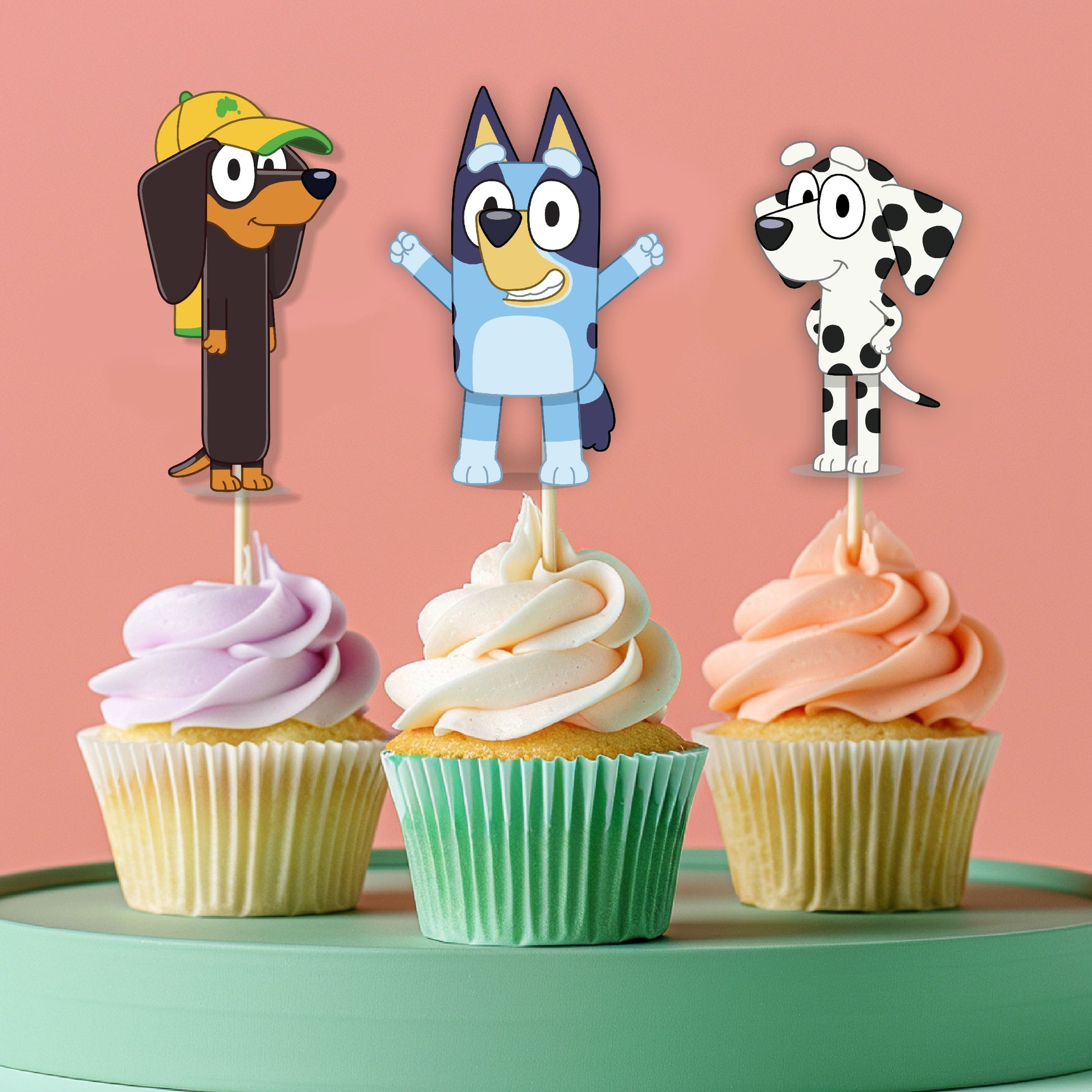Bluey Heeler family cupcake toppers pack featuring Bluey, Bingo, Bandit and Chilli character designs on 300GSM artboard, available in 5 or 10 pcs for birthday party dessert table – BluParty India