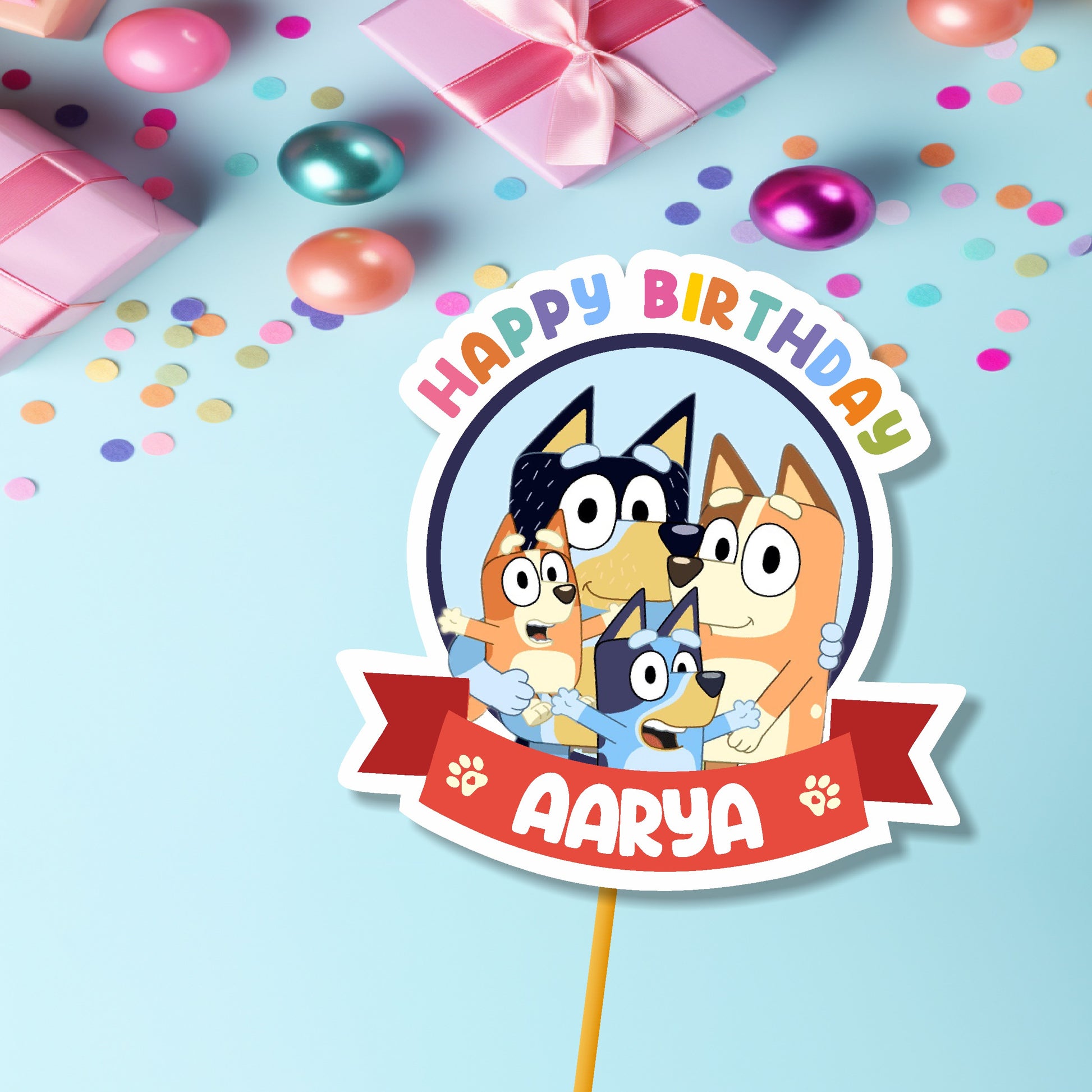 Personalised Bluey birthday cake topper with child's name and age printed, custom Bluey and Bingo cake decoration for kids birthday party – BluParty India