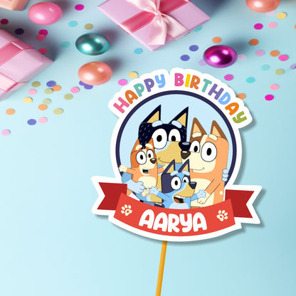 Personalised Bluey birthday cake topper with child's name and age printed, custom Bluey and Bingo cake decoration for kids birthday party – BluParty India
