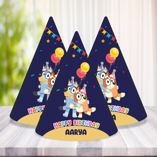 Bluey personalized birthday hat with child's custom name printed – cone cap India BluParty
