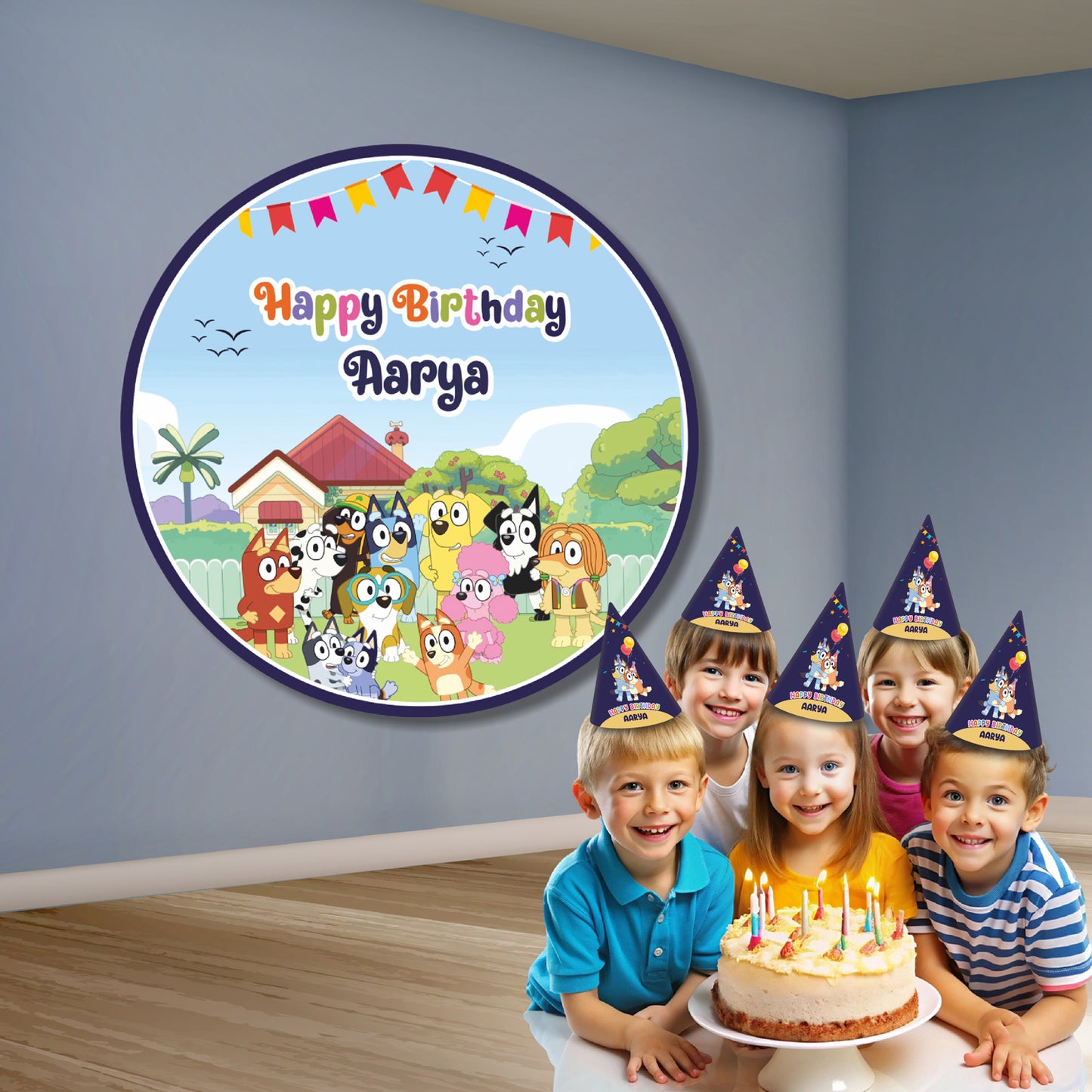 Bluey round birthday backdrop on cake table decoration – circle flex print party setup India
